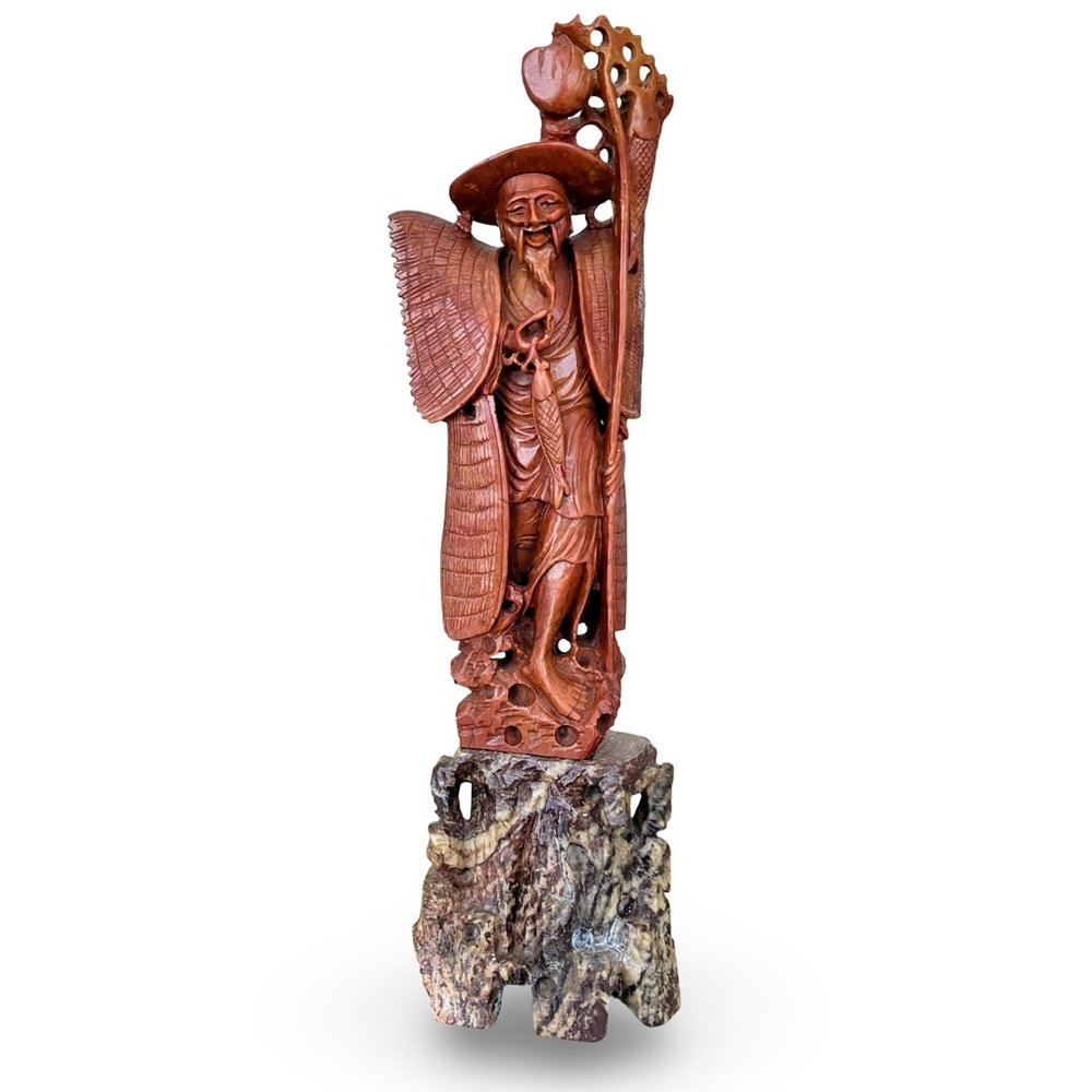 Carved Statue Shou Lao/Shou Xing, Chinese God of Longevity Wood w/ Stone Base